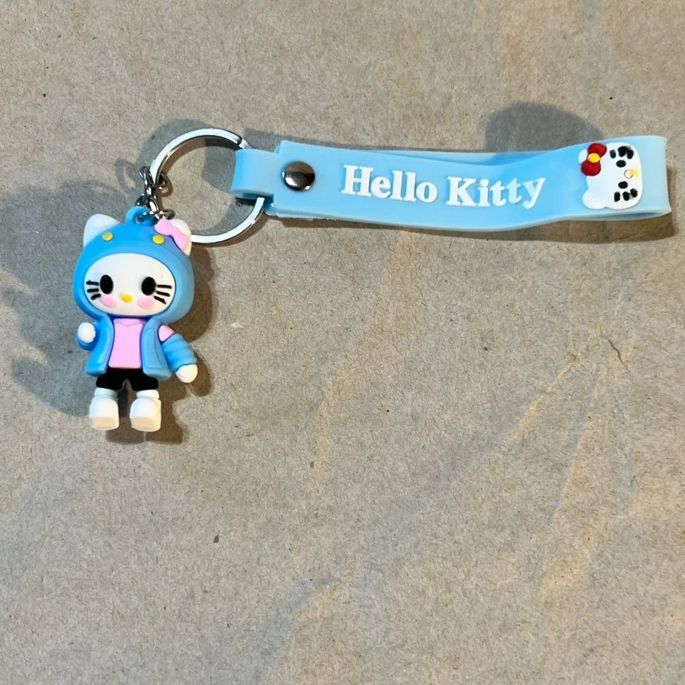 Sanrio Hello Kitty Keychain Blue Hooded Figurine Wristlet Strap Kawaii Accessory